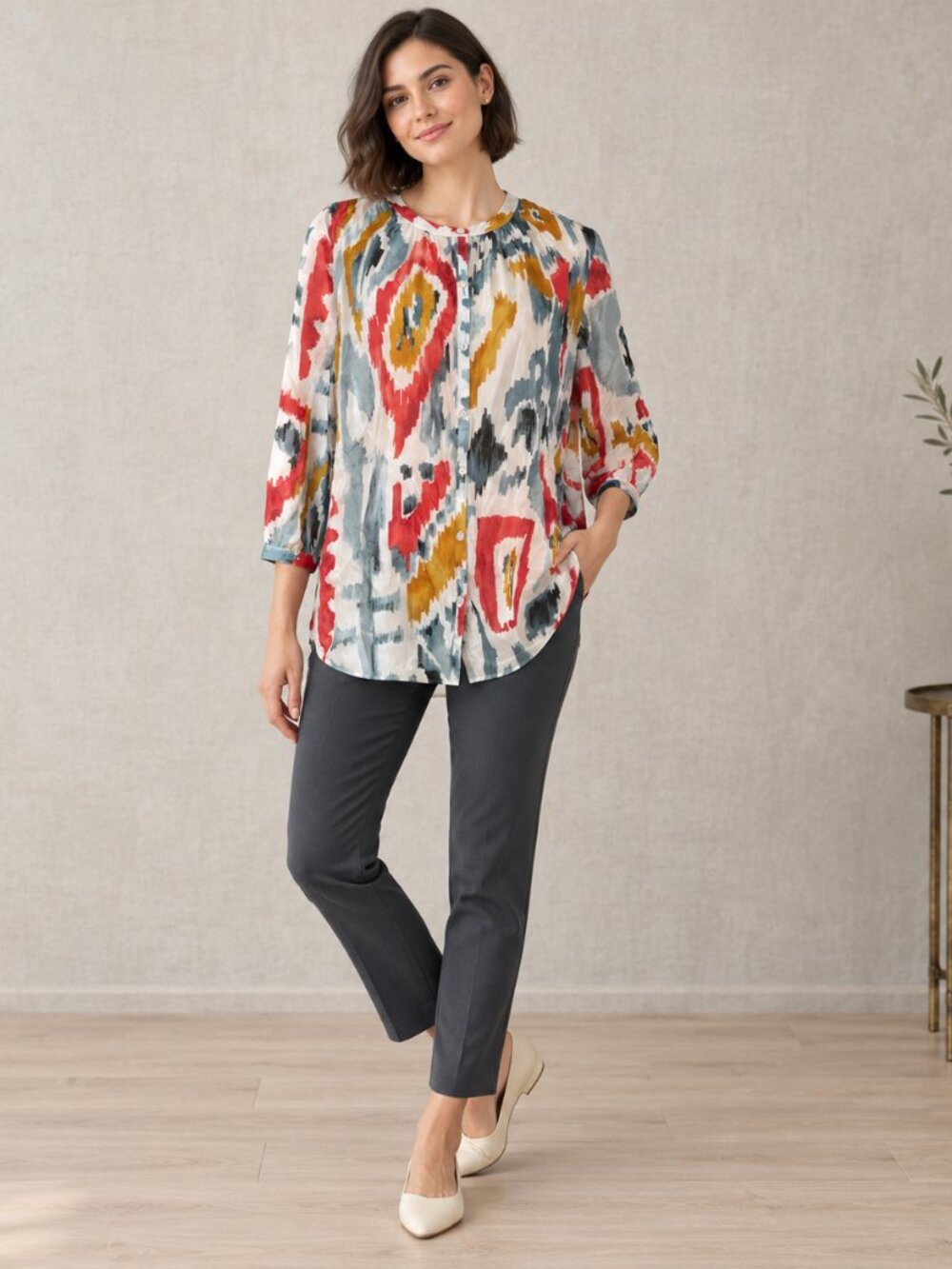 Chico's Abstract Ikat Button-Front Shirt in Cream, Red & Mustard Size 2 Silk
